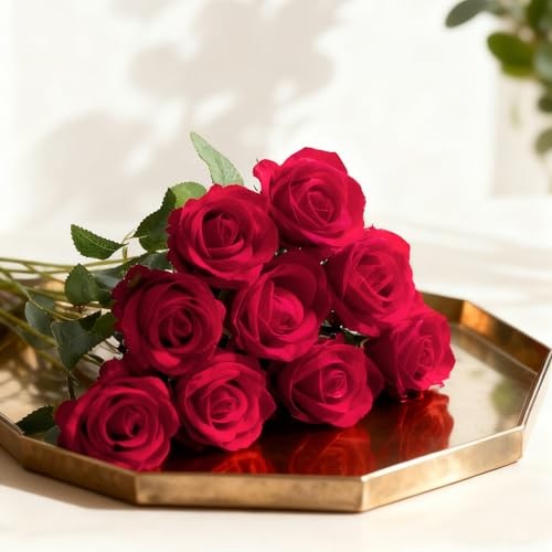 Pcs Roses Artificial Flowers with Stems，Fake Roses Bouquet Fake Flowers 50 Red gallery