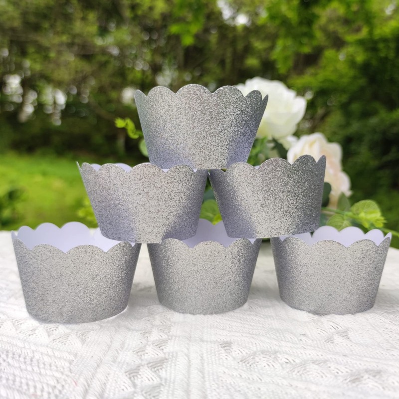 Silver Glitter Scalloped Cupcake Wrappers Wedding Birthday Cake 24 Pack gallery
