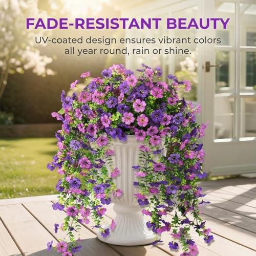 Artificial Hanging Petunia Flowers, 6 Pack UV Resistant Silk Lotus + Purple gallery