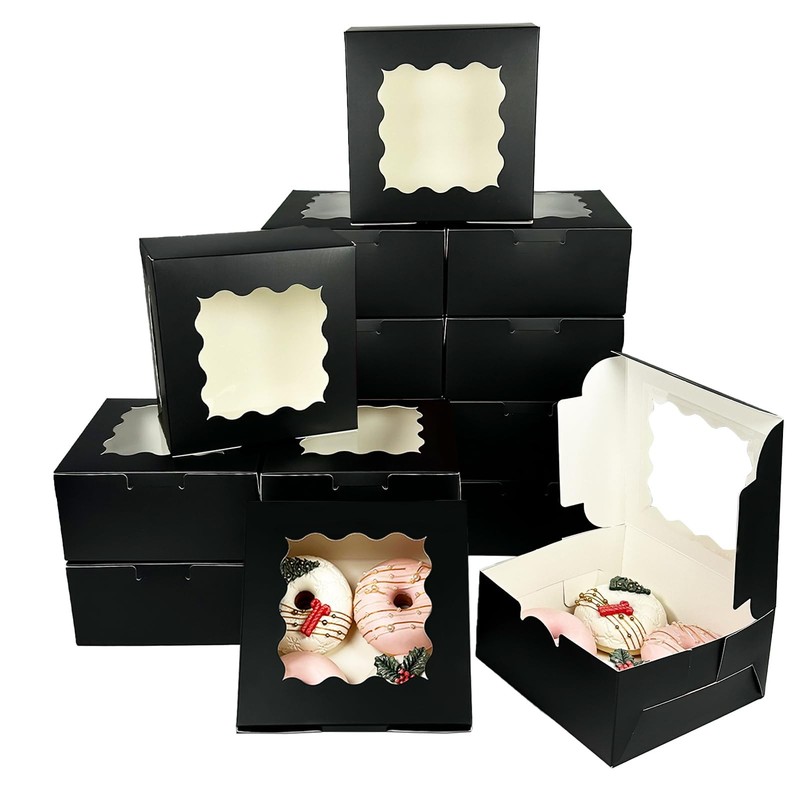 30 PCS 6x6x3 Inch Black Thick Sturdy Macaroon Cookie Bakery Box with Window