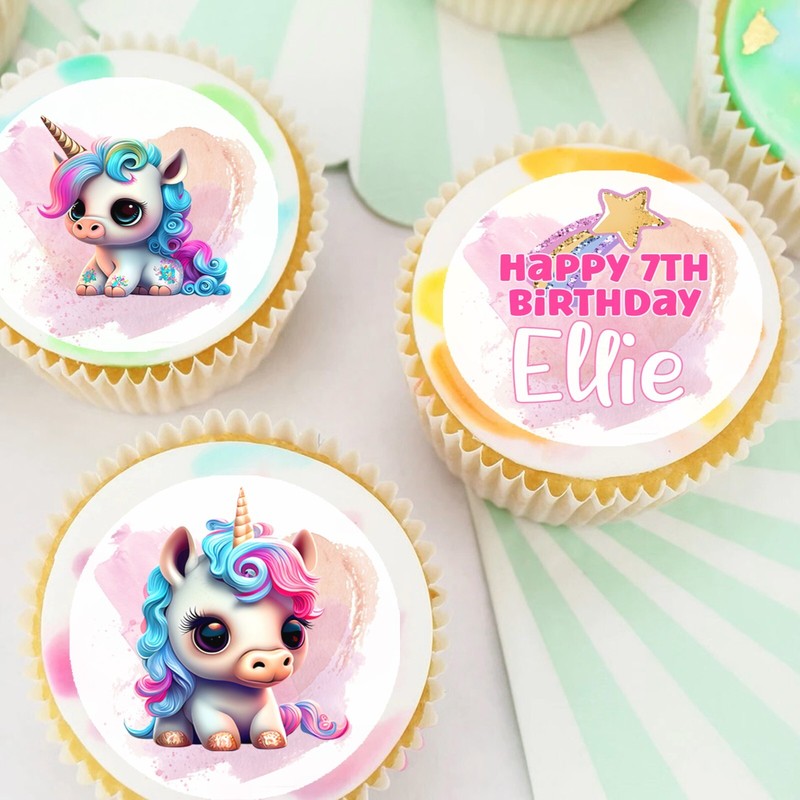 Rainbow Unicorn Unicorns Pre-cut Edible Cupcake or Cookie Toppers