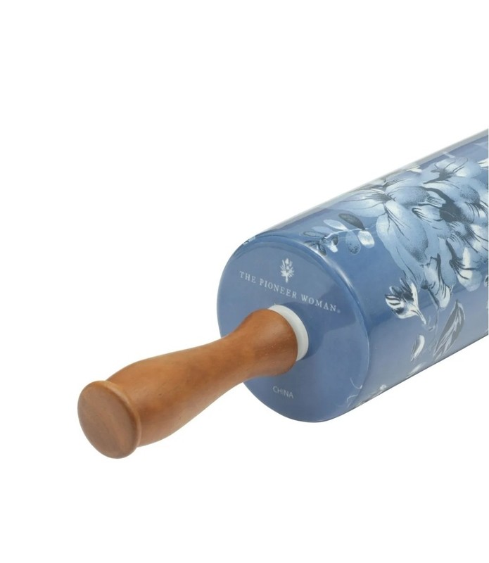 NEW Pioneer Woman BLUE DELILAH Floral Ceramic ROLLING PIN Acacia Wood Handles gallery