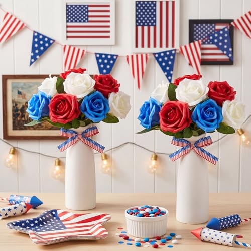 2 Sets 4th of July Artificial Flowers and Vase Red Blue White Patriotic Rose gallery