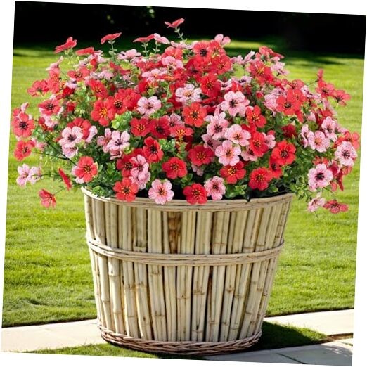 Artificial Fake Mums Flowers for Outdoor Spring Summer Decor, 12 Red Pink