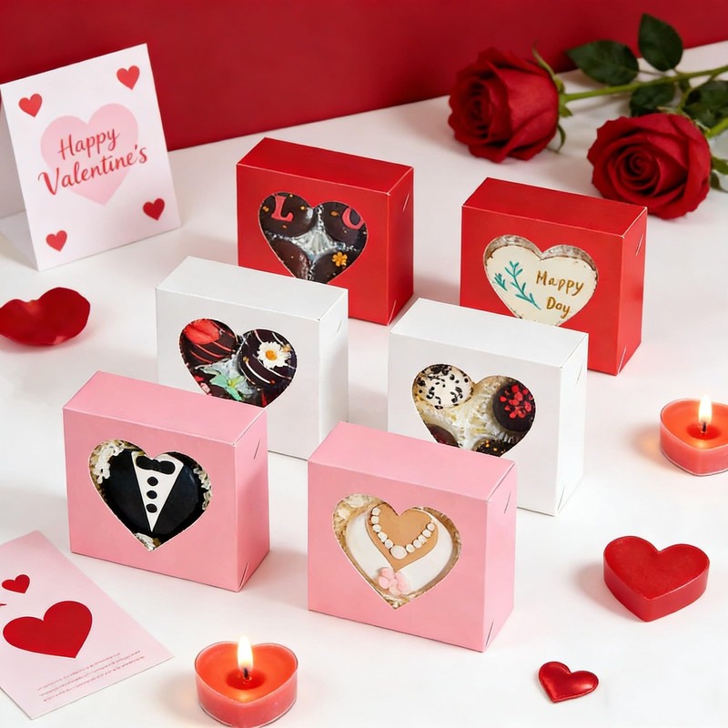 48PCS 4"x4"x2" Heart-Shaped Window Bakery Boxes in White, Pink, Red - Perfect... gallery