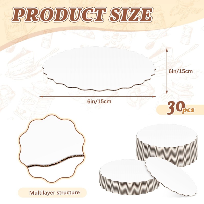30 Pack 6 Inch Round Wave Cake Boards, Disposable Corrugated White Cake Cardb... gallery