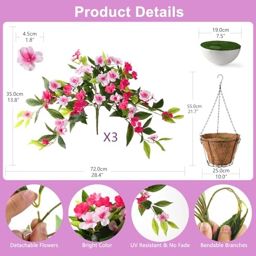 Artificial Fake Hanging Flowers Plants Basket for Outdoors 3psc Rose Pink gallery