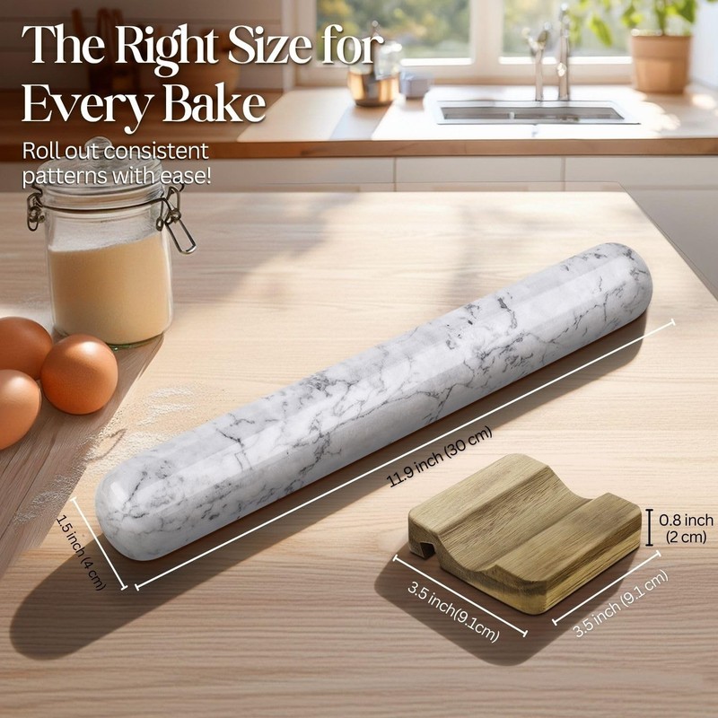 French Rolling Pin, 12 Inch White Marble Rolling Pins for Baking with Wooden ... gallery