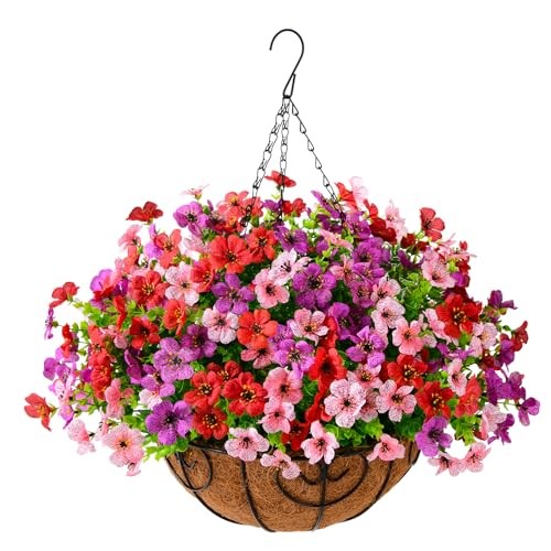 Artificial Faux Hanging Plants Flowers Basket for Outdoor Purple Red Pink gallery