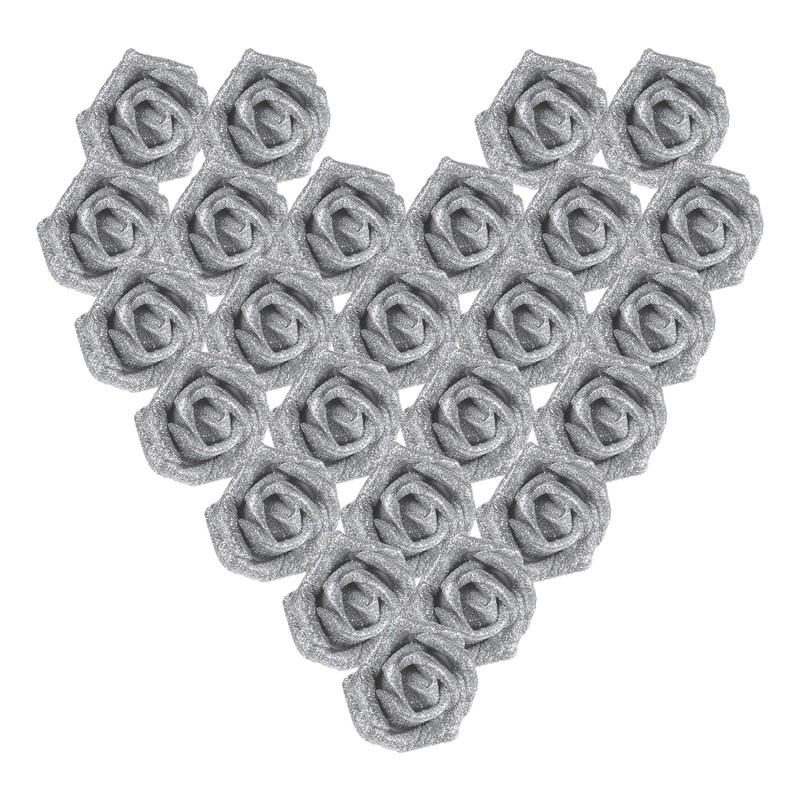 25Pcs Glitter Roses, Foam Artificial Flowers Roses Heads with Stem, Silver
