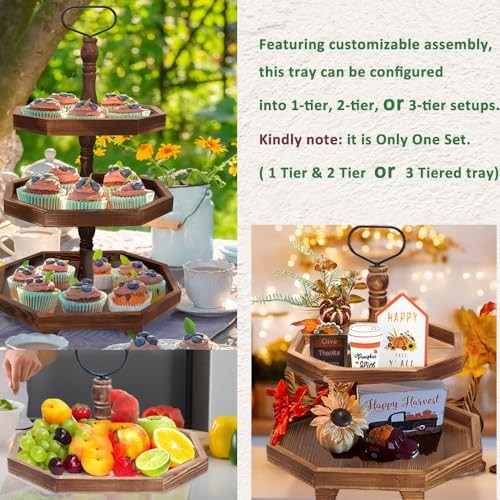 Tiered Tray Stand Wood Tier Serving Tray, Three Hexagonal-Dark Brown gallery