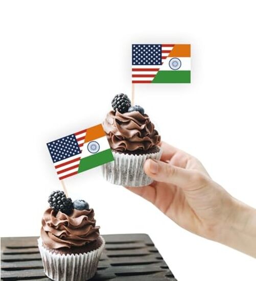 100PCS India America Friendship Flag Cake Topper,Indian America Cupcake Stand
