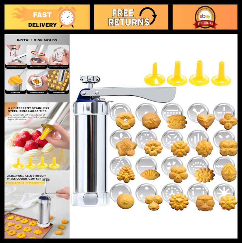 Heavy Duty Aluminum Cookie Press Set – 20 Discs & 4 Nozzles for Baking & Decorat