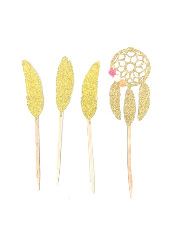 12 Bohemian Dreamcatcher Feather Gol Glitter Birthday Baby Shower Cupcake Topper