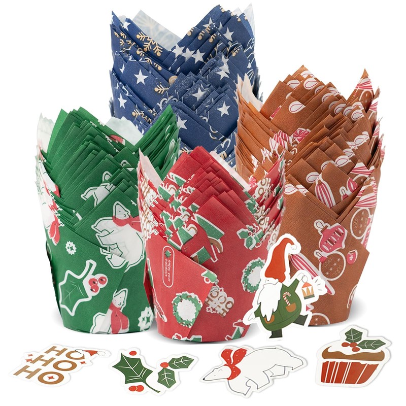 200 Pcs Christmas Tulip Cupcake Liners with 24 Pcs Cupcake Toppers, Cupcake L…