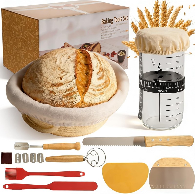 Banneton Bread Proofing Basket with 24oz Starter Jar -Round Cotton Rope