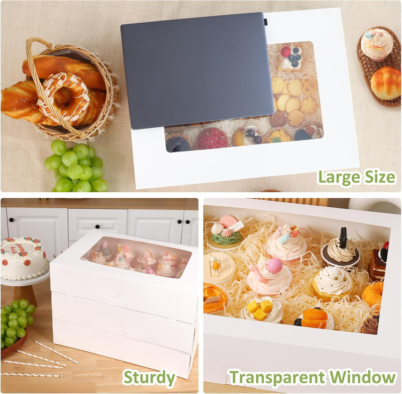 Moretoes 10pcs 19x14x4in Half Sheet Cake Boxes with Window, White Cookie Boxes, gallery