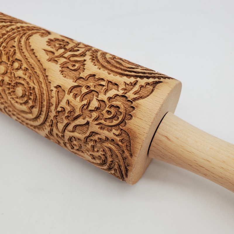 Wooden Rolling Pin Paisley Floral Engraved Embossing 14.5" gallery