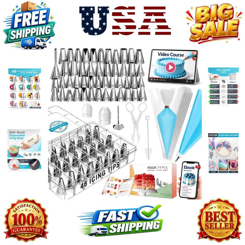 74 PCs Icing Piping Bags and Tips Set, Cake Decorating Kit with 48-Numbered P…