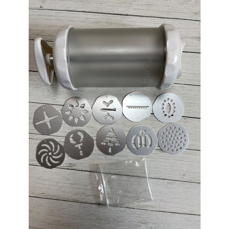 Pampered Chef Cookie Press 1526 White Silver with 10 Disks and Storage Box gallery