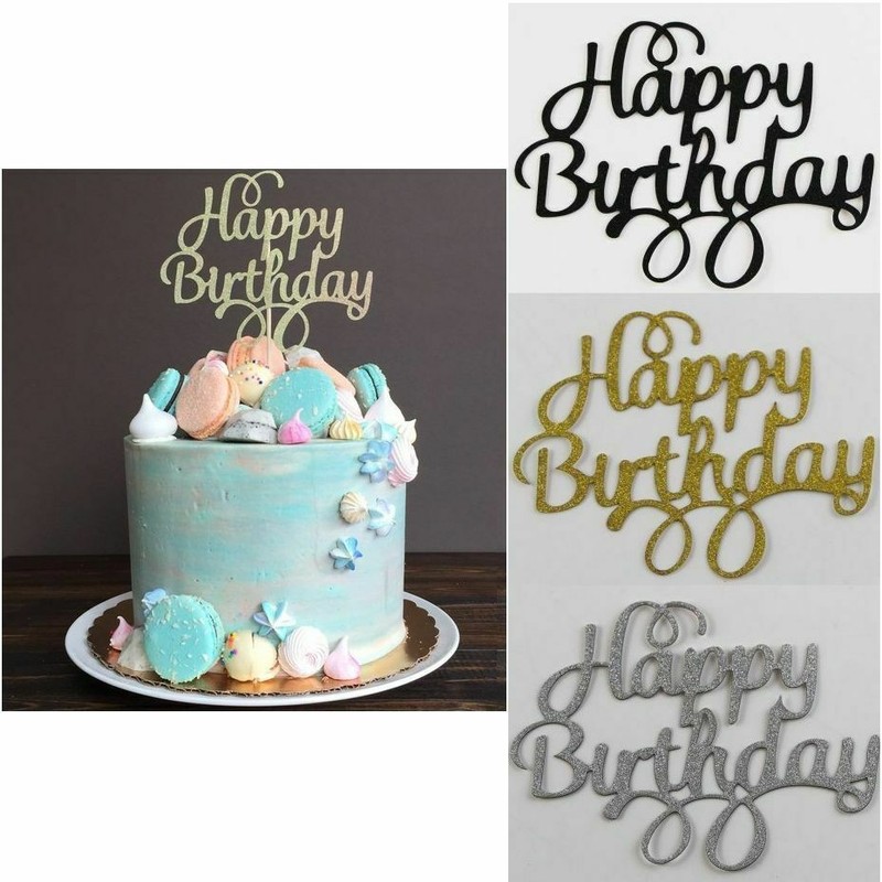 Happy Birthday Cake Topper Black Gold Silver Glitter Party Decorations Event gallery