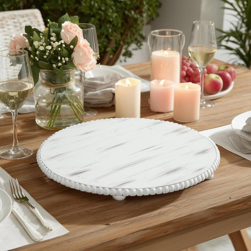 16" Antique White Beaded Wooden Cake Stand - Rustic Farmhouse Pedestal Riser for gallery