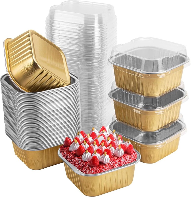 50 Pcs Mini Square Baking Cups W/ Lids 5oz Aluminum Foil Mini Cake Pans W/Lids