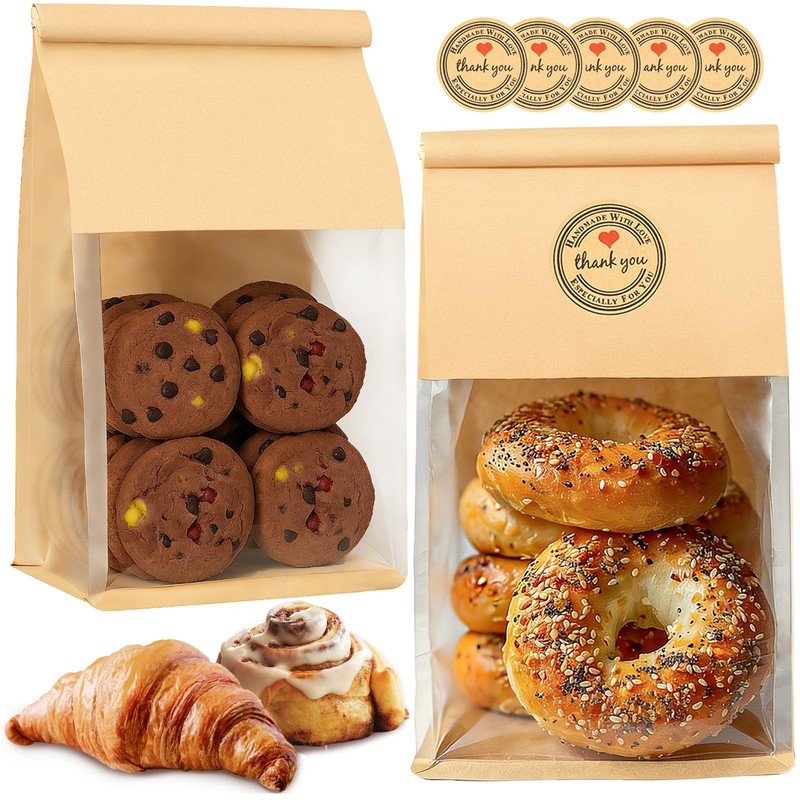 50 PCS Paper Bakery Bread Cookie Bags Window Tin Tie 11×5.1×3.9 Inch Storage