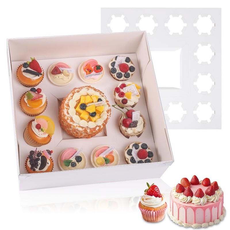24 Packs Bento Cake and Cupcake Box Fit 12 muffin Cupcakes and 1 Mini with Clear