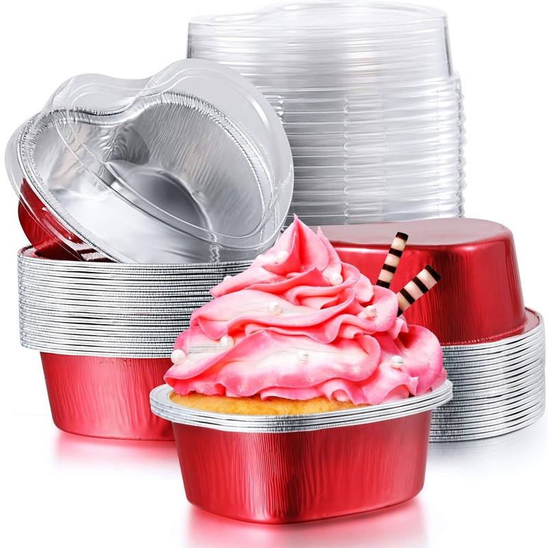 Aluminum Foil Cake Pan Heart Shaped Cupcake Cup with Lids 100 ml/ 3.4 Ounces …