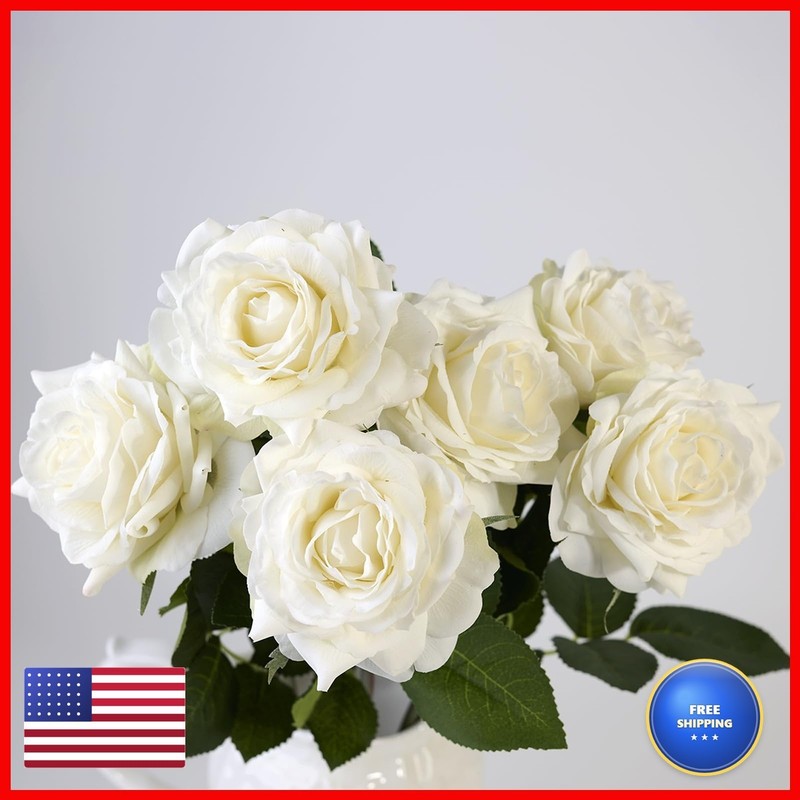 MOBENOOK Artificial Roses, 6 Stems White
