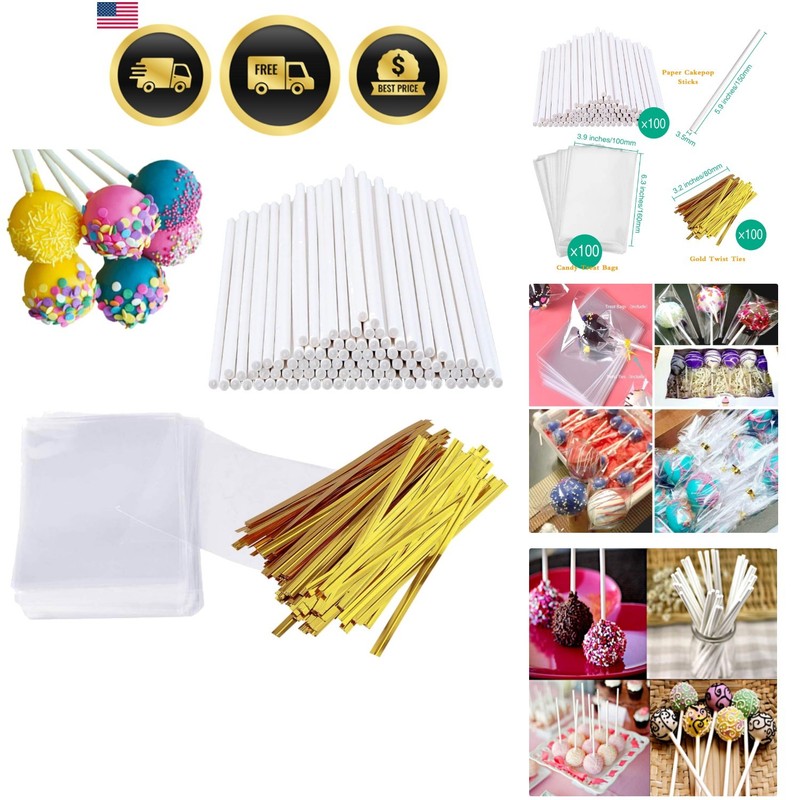 300 PCS Cake Pop Sticks and Wrappers Kit, Including 100ct 6-inch Paper Lollip...