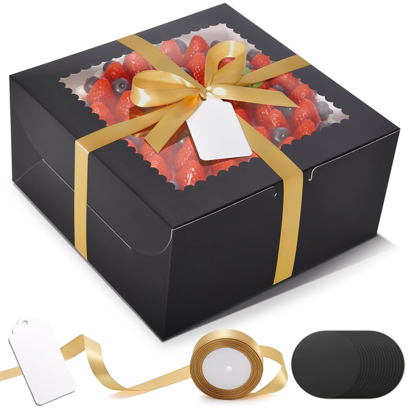 32 Pcs 10 inch Black Cake Boxes with 16 Cake Boards 10x10x5 inch Bakery Box