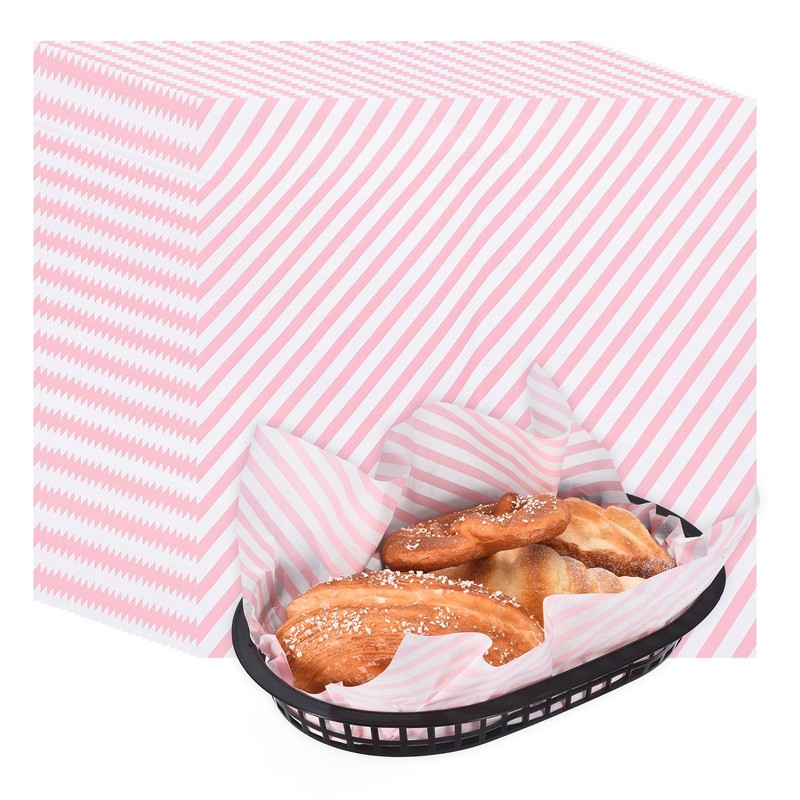 50pcs Twill Wax Paper Sheets with 5 Pcs Fast Food Baskets, Pink