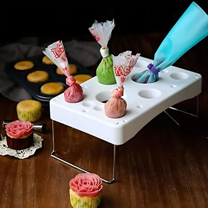 Cake Decorating Icing Bag Stand with 12-Cavity, Plastic and Stainless Steel, Whi