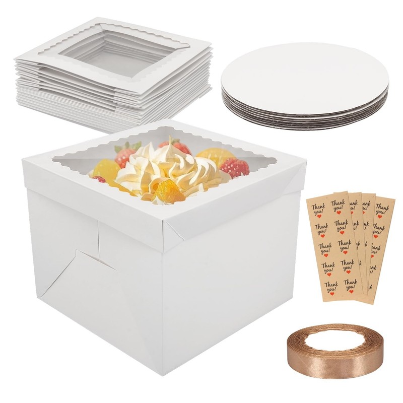 10 PCS 10x10x8 Inch Tall White Cardboard Cake Bakery Boxes Window Layer