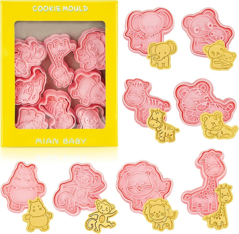 8 Pcs Cookie Cutters, 3D Cookie Cutter with Plunger Stamp, Animal Shape Molds,