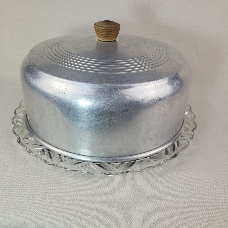 Vintage Spun Aluminum Cake Carrier Dome with Pressed Glass Platter Base Set gallery
