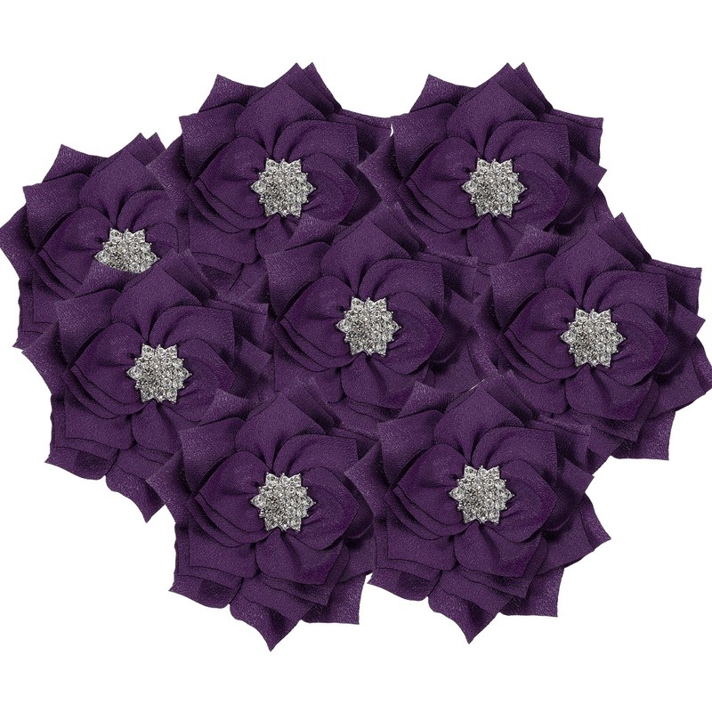 3 Inch 10 Pcs Rhinestone Pearl Chiffon Flower, Dark Purple