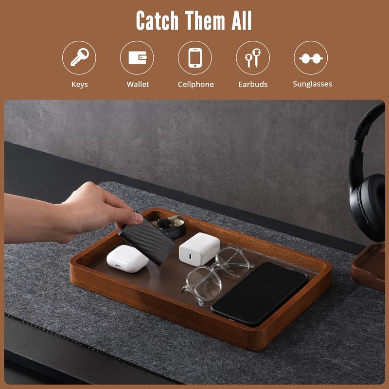 ProCase Wooden Valet Tray for Men, Wood Catch-All EDC Organizer, Dark Brown gallery
