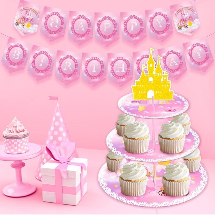 Three Tier Pink Princess Themed Cupcake Stand With Gold Castle / New 🏰 gallery