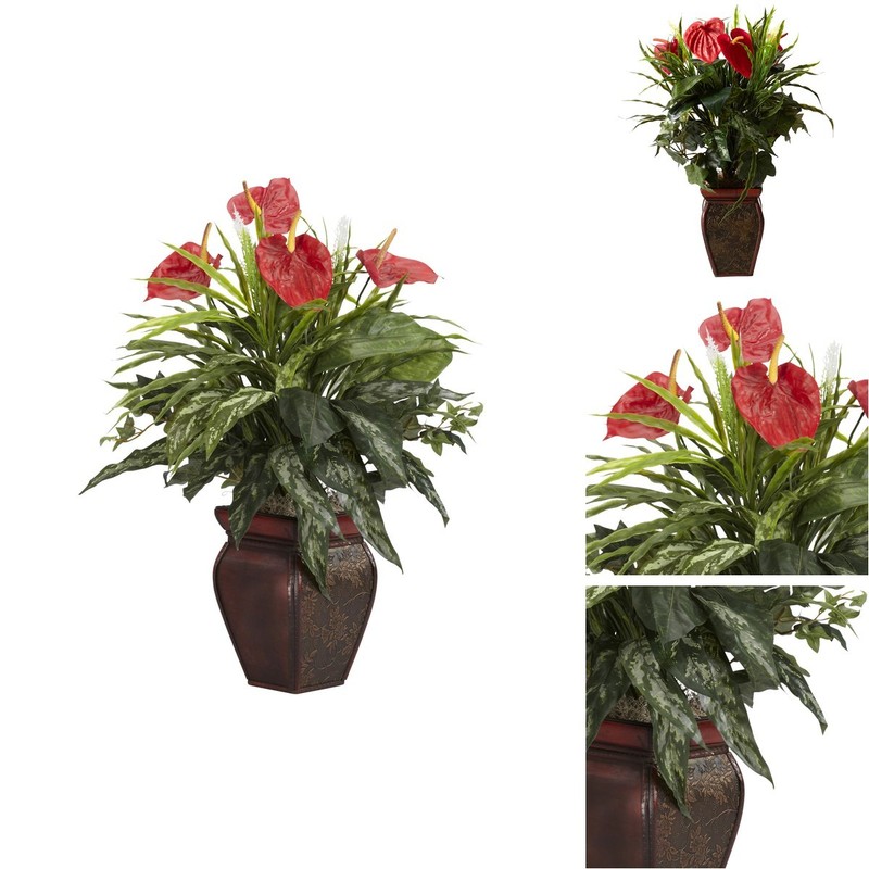 Nearly Natural 6678 Mixed Greens & Anthurium Silk Plant – Decorative Vase