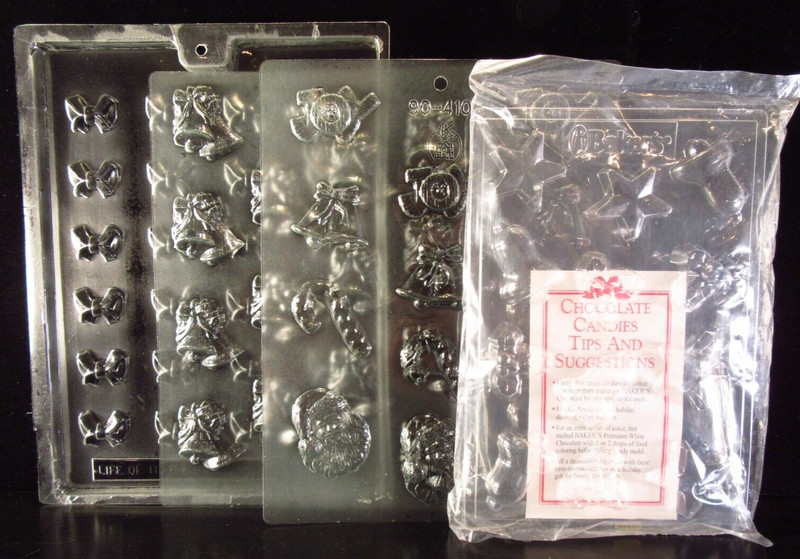4 Small Christmas Chocolate Candy Molds Bow, Bell, Santa, Candy Cane
