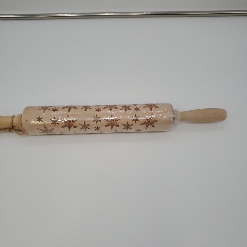 Christmas Rolling Pin Wood Carved Snowflakes 17" Cookie Dough Holiday Baking gallery