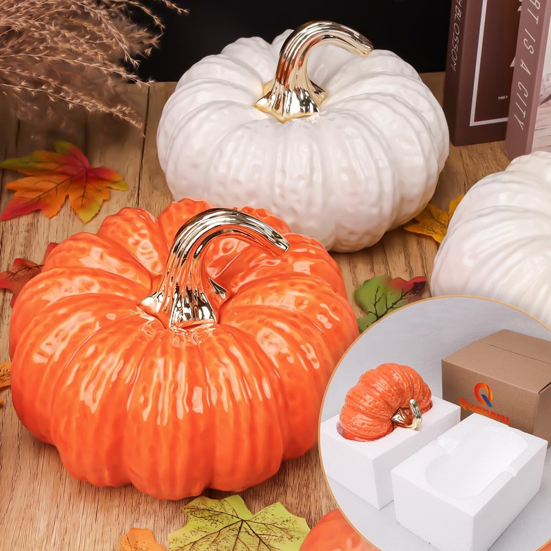 Quancru 7.9 Inch Fake Pumpkin Decorations Ceramic Figurines White Realistic gallery