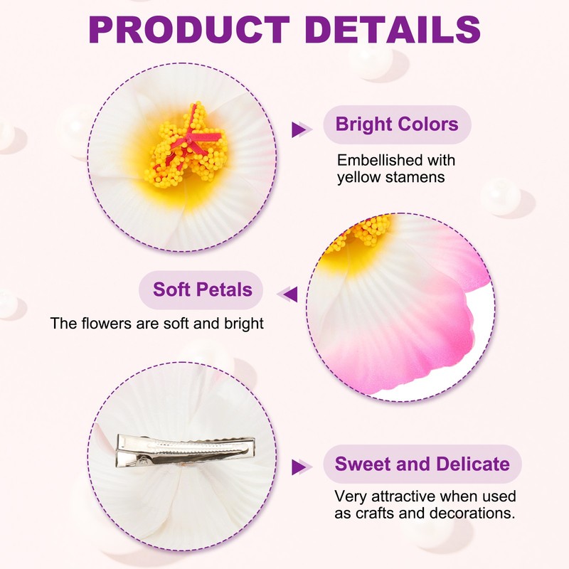 Hawaiian Hibiscus Flowers, 10 Pieces Artificial Flowers Clasp White/Pink gallery