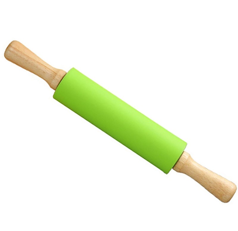 Silicone Rolling Pin, Green 11.4 Inch Pin with Wooden inch,