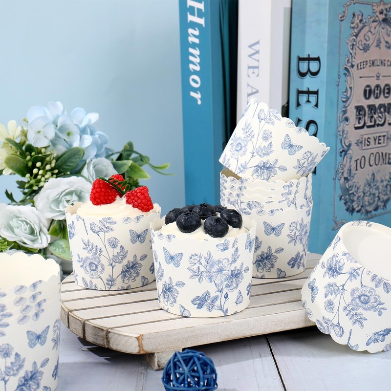 100Pcs Blue and White Floral Cupcake Liner Butterfly Flower Baking Cup Chinoi... gallery