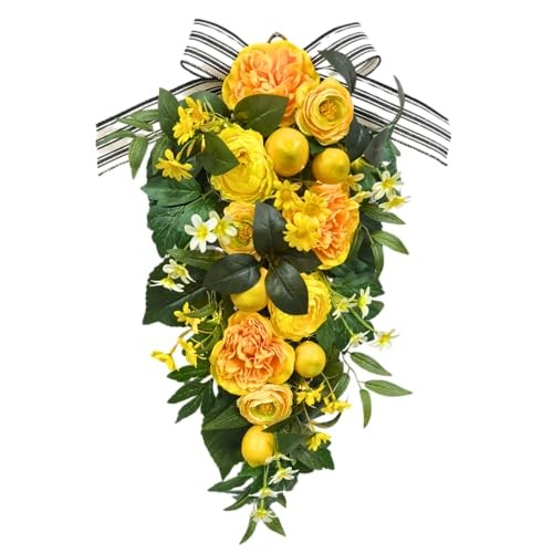 24 Inch Pre-Lit Lemon Swag for Front Door with 10 LED Lights Artificial Spring
