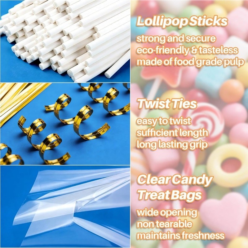 600 Pieces Cake Sticks and Wrappers Kit with Treat Bags and Twist Ties for gallery